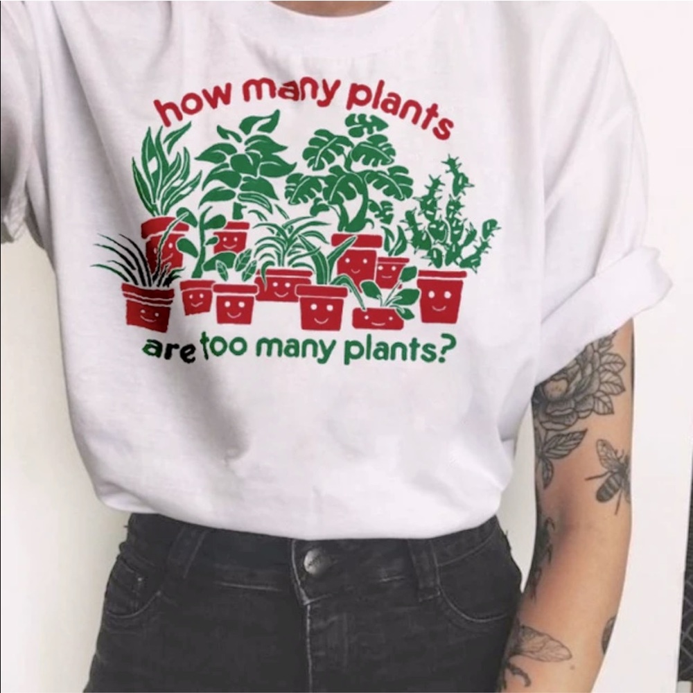 Tultex Plant Lover White Tee Shirt “How many plants are too many plants?” medium